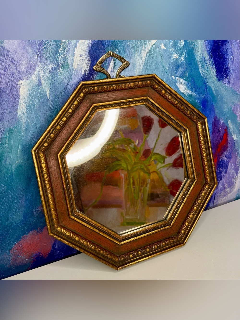 Vintage Octagon Mirror Sungott Art Studios Gold & Red Wood Frame Art Deco